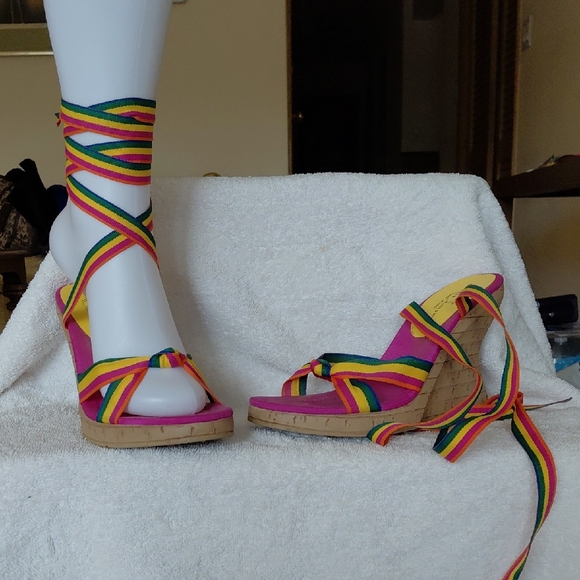 Chinese Laundry Shoes - Chinese Laundry Pink Rainbow Wrap Wedges